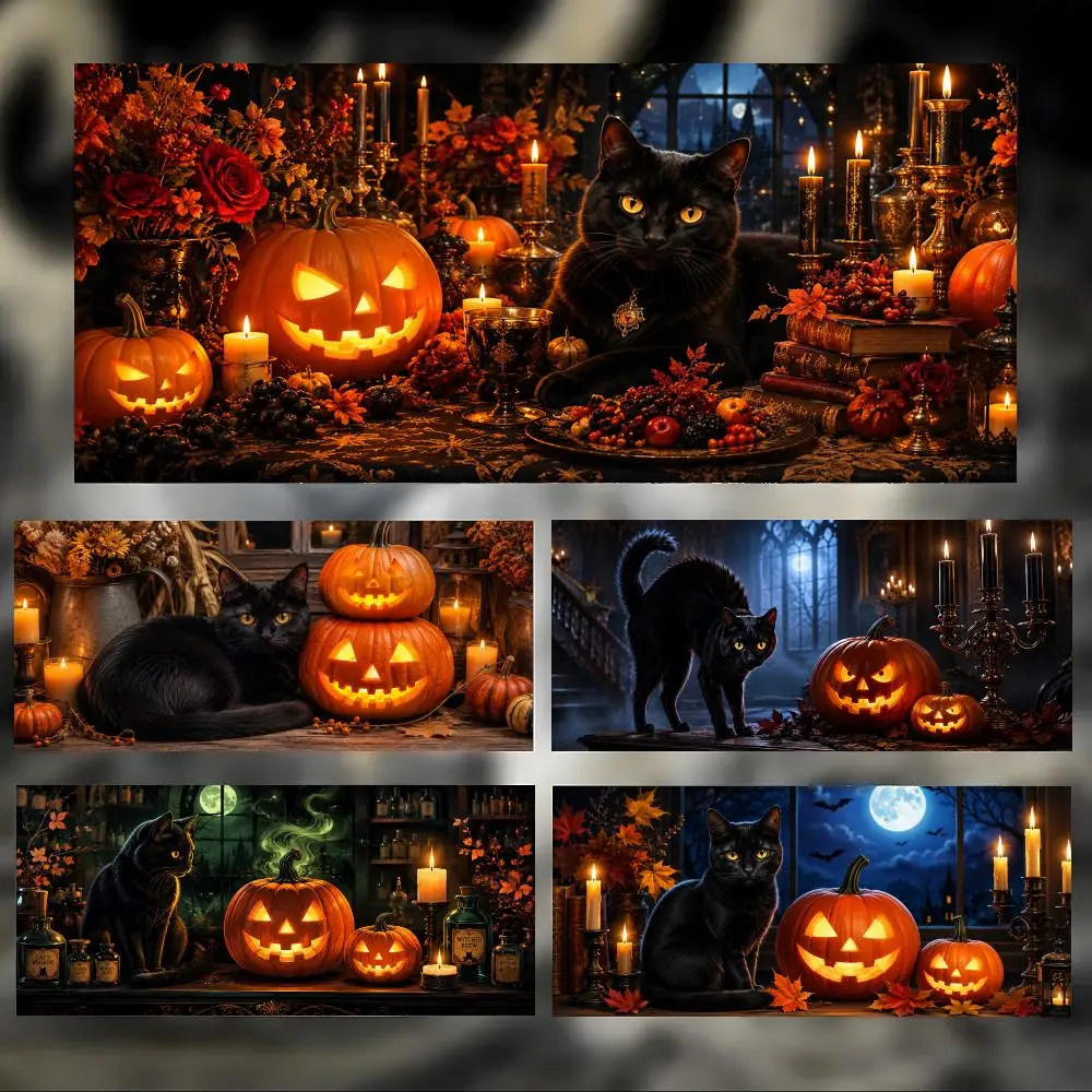 H-Halloween Black Cat, Pumpkin Candle Mouse Pad Large Thick Desk Pad Stitched Edges Gaming Mouse Mat for PC