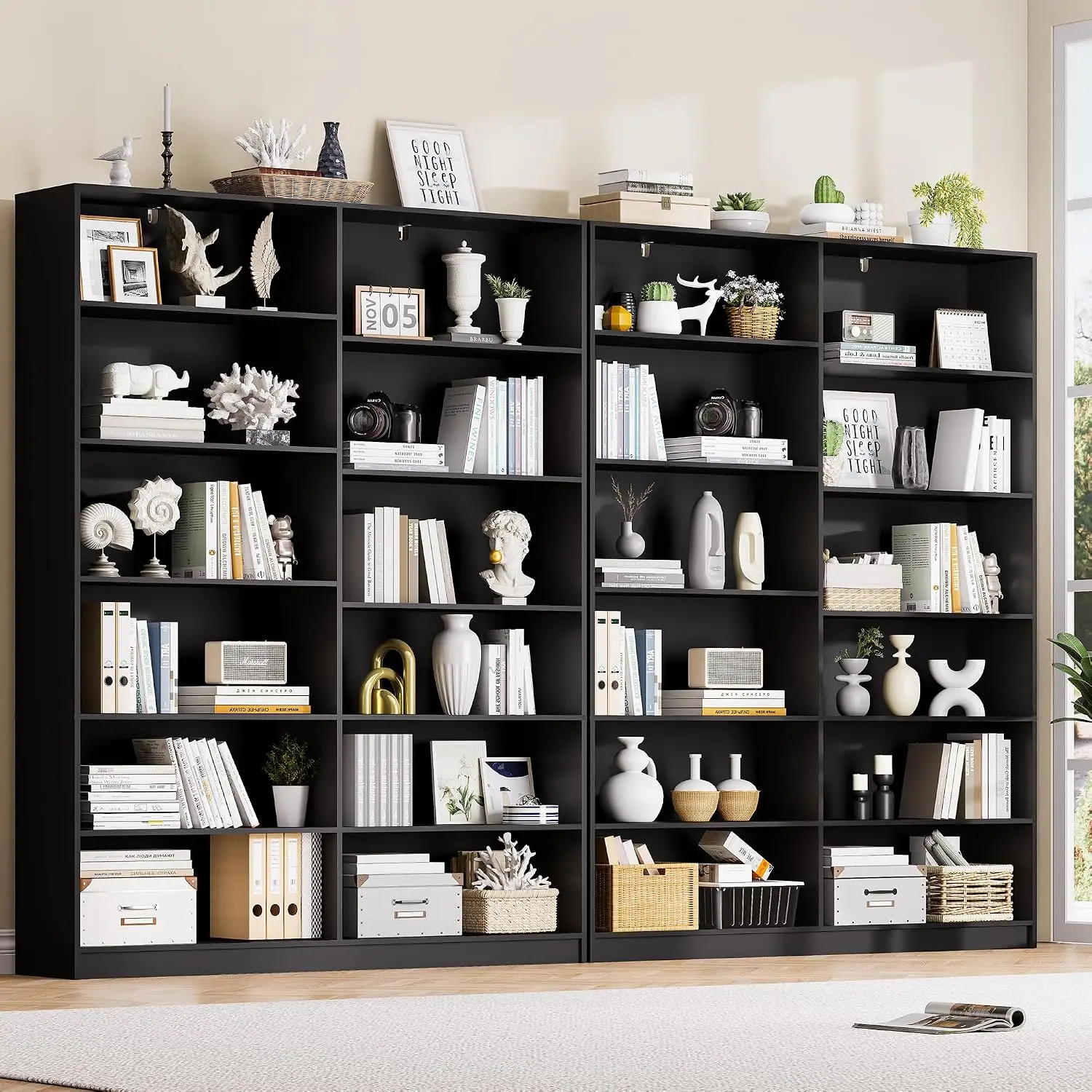Black Bookcase 12 Open Shelves Freestanding Display Storage Home Library Living Room Bedroom Office 2PC, Customized