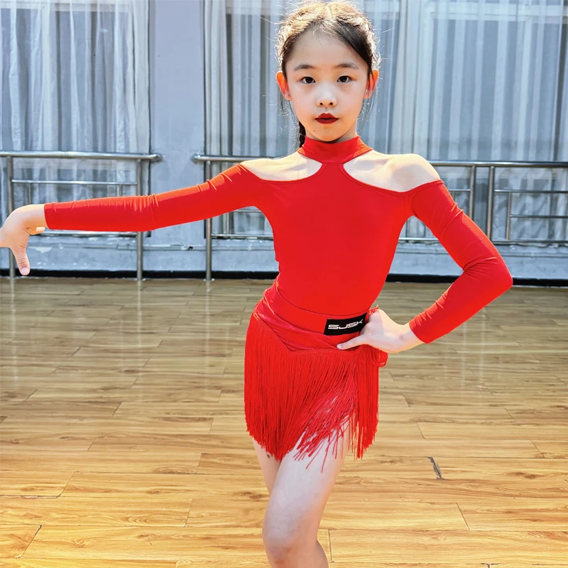 

Красный костюм с бахромой для латинских танцев, одежда для соревнований по бальным танцам для девочек, детский костюм для выступлений в латинских танцах сальсы, SL14411