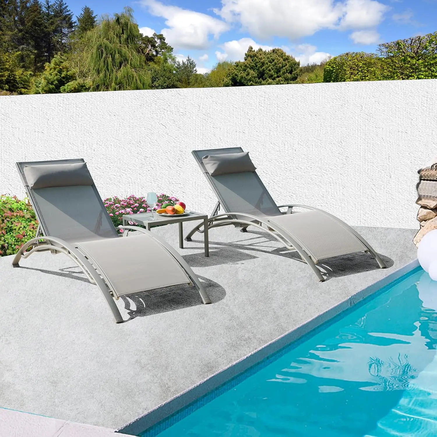 Aluminum Outdoor Lounge Chair Set 3-Piece with 5 Adjustable Positions & Side Table for Pool Garden Beach Patio, Customized