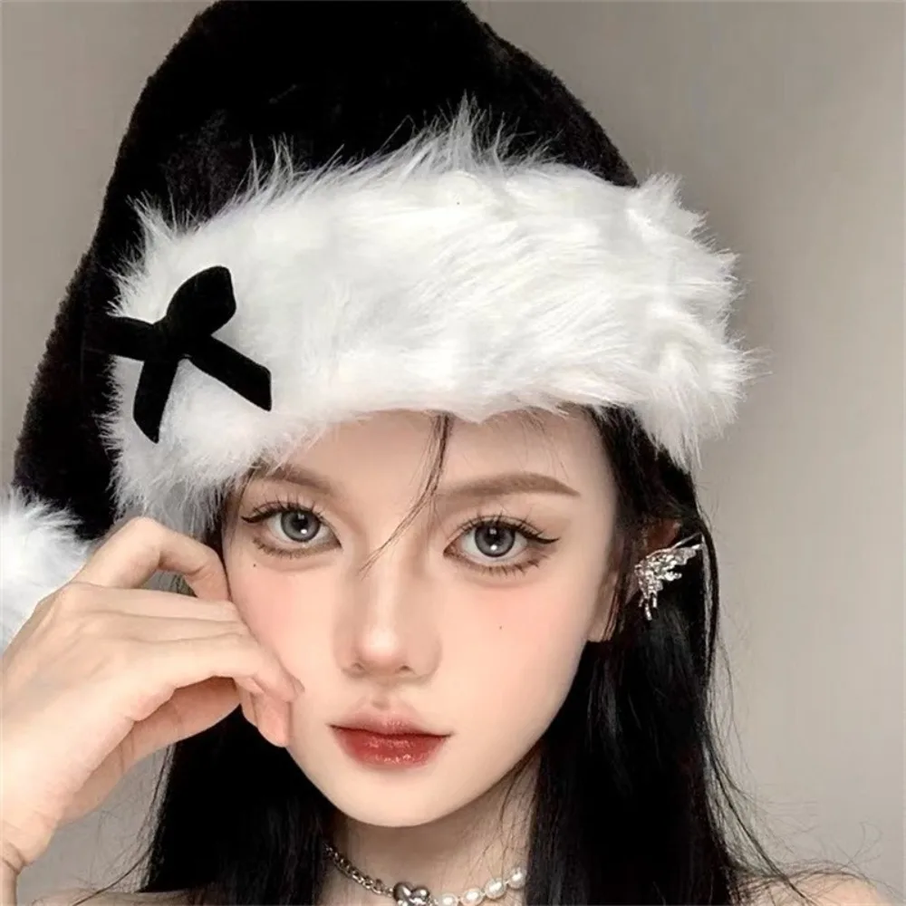 Fashion Red Plush Christmas Hat Women's Turban Cosplay Accessories Santa Claus Hat Black Bow Decor Cap New Year