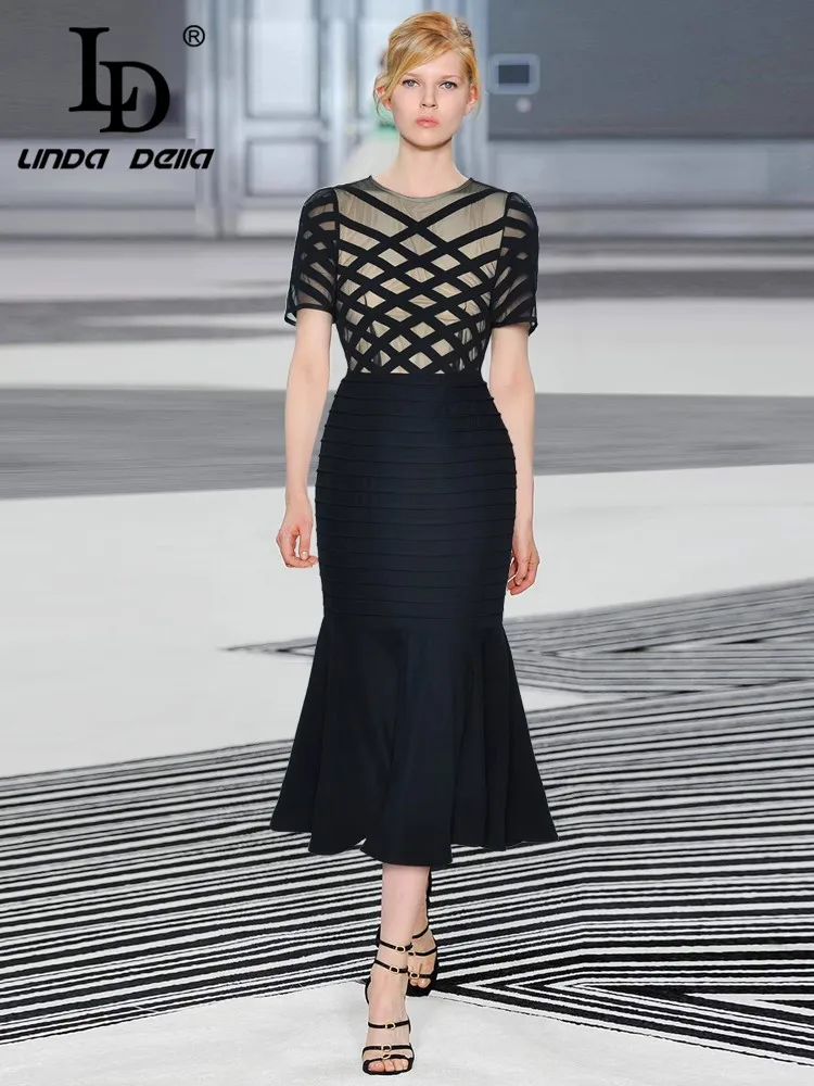

LD LINDA DELLA Round Neck Short Sleeved Sheer Mesh Waist Bag, Buttocks Fish Tail Skirt, Princess Style Slim Fit 2025 Summer Styl