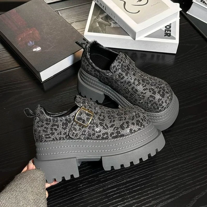 

Women's 2025 Early Spring Petite Height Increasing Thick Platform Sole Rhinestone Leopard Print Leather Loafers Single Shoes
