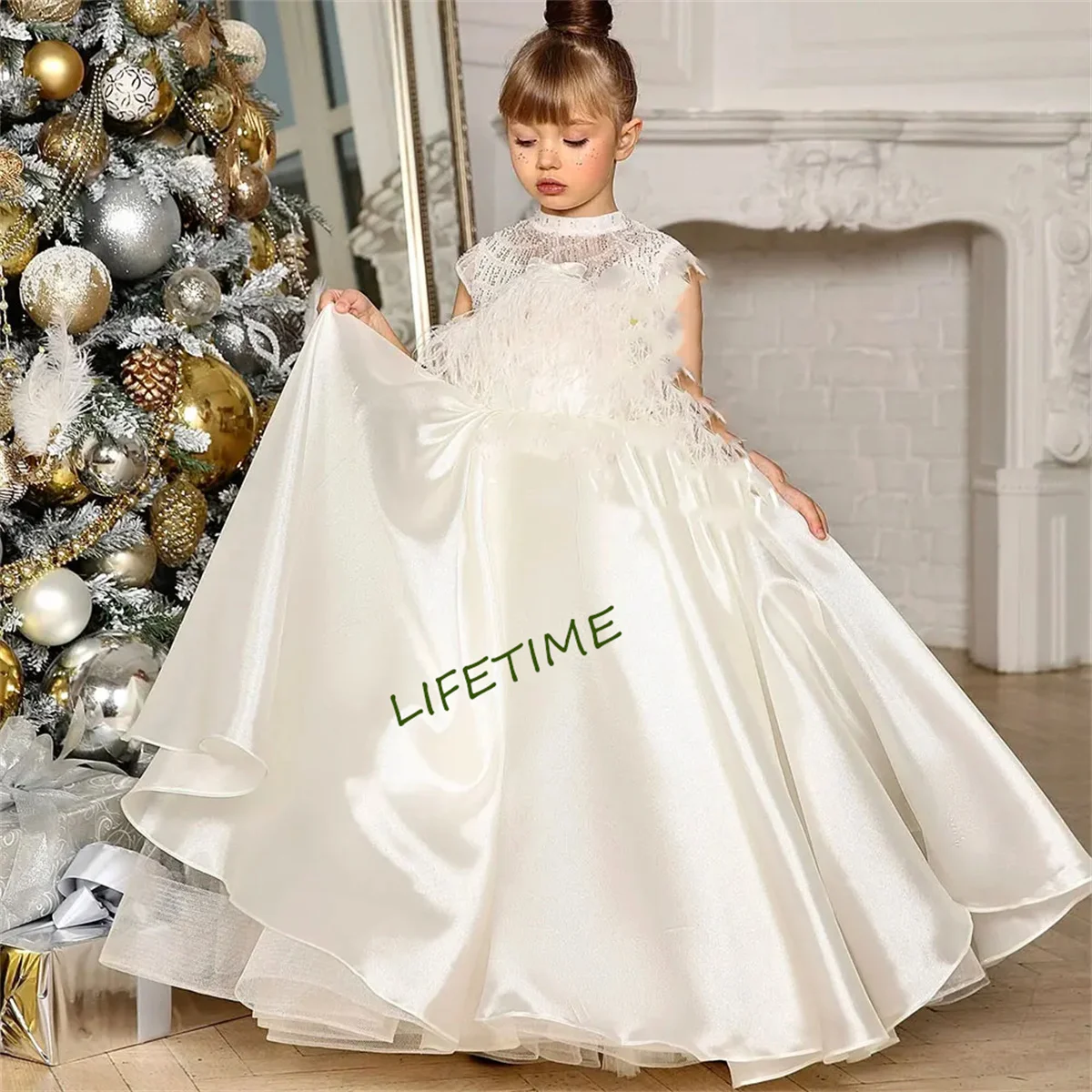 

Luxury Arabic White Girl Dress Beading Feathers Kids Princess Birthday Wedding Party First Communion Gown 2024