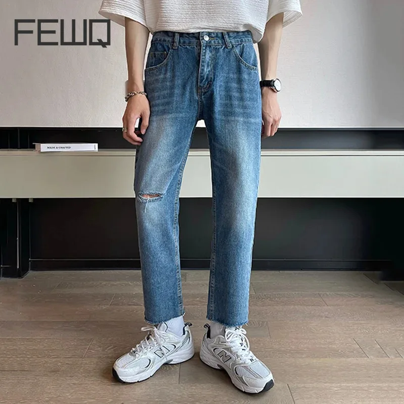 

FEWQ Korean Style Ankle-Length Pants Men Casual Jeans Slim Hole Design Simple Male Fashion Tide 2024 Summer New Stylish 9C5071