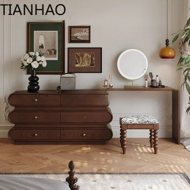 Vintage Solid Wood Makeup Table with Corner Design for Bedroom Antique Style Medium Dresser Cabinet in American Decor