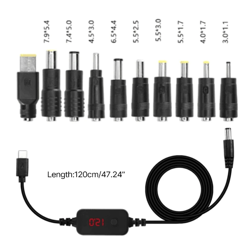 Câble adaptateur PD vers DC 5V, 9V, 12V, 15V, 20V, tension réglable, alimentation mâle vers DC5521, avec 10 têtes de conversion
