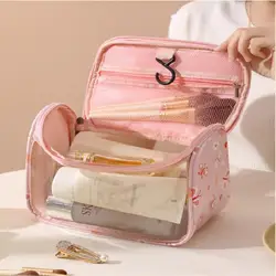 1Pc Flower Printed Makeup Bag Transparent PU Waterproof Portable Travel Cosmetic Pouch Cute Convenient Toiletries Bag for Women