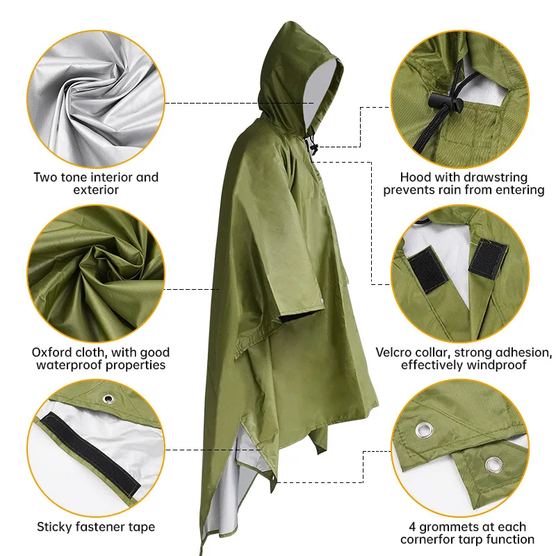 3 In 1 Outdoor Poncho One-Piece Raincoat with Hoods Travel Ultralight For Men Women Camping Hunting Clothes Shelter Tent Mat