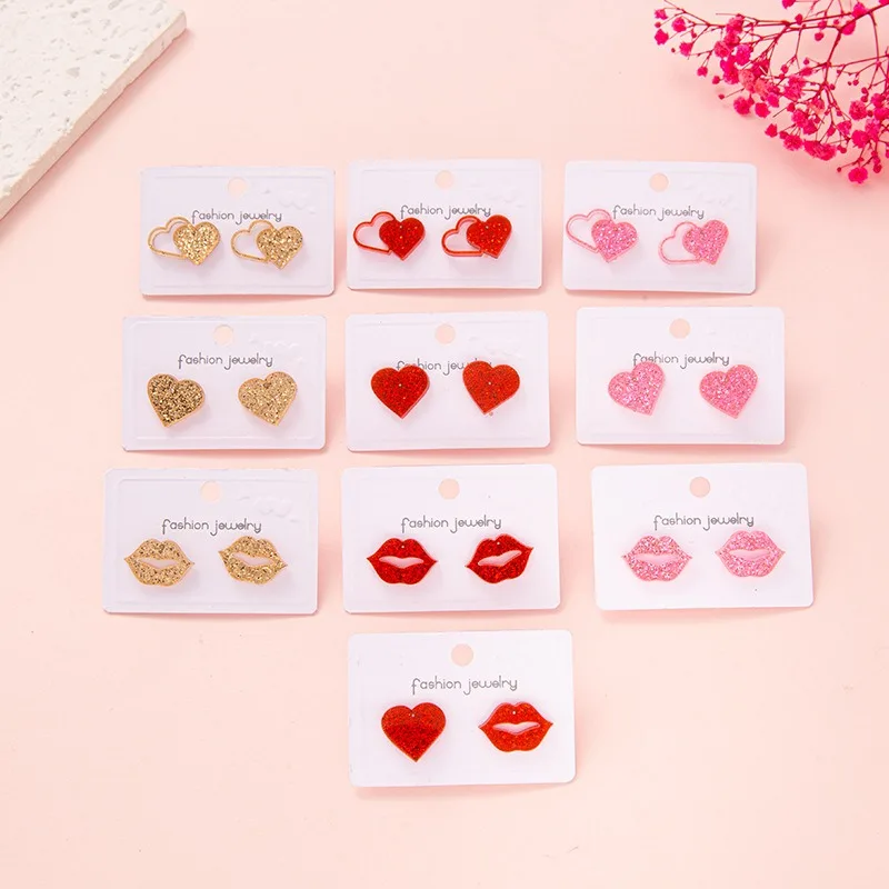 Valentine's Day Gift Love Red Lips Acrylic Glitter Earrings for Women Party Festival Daily Wear Jewelry Accessories