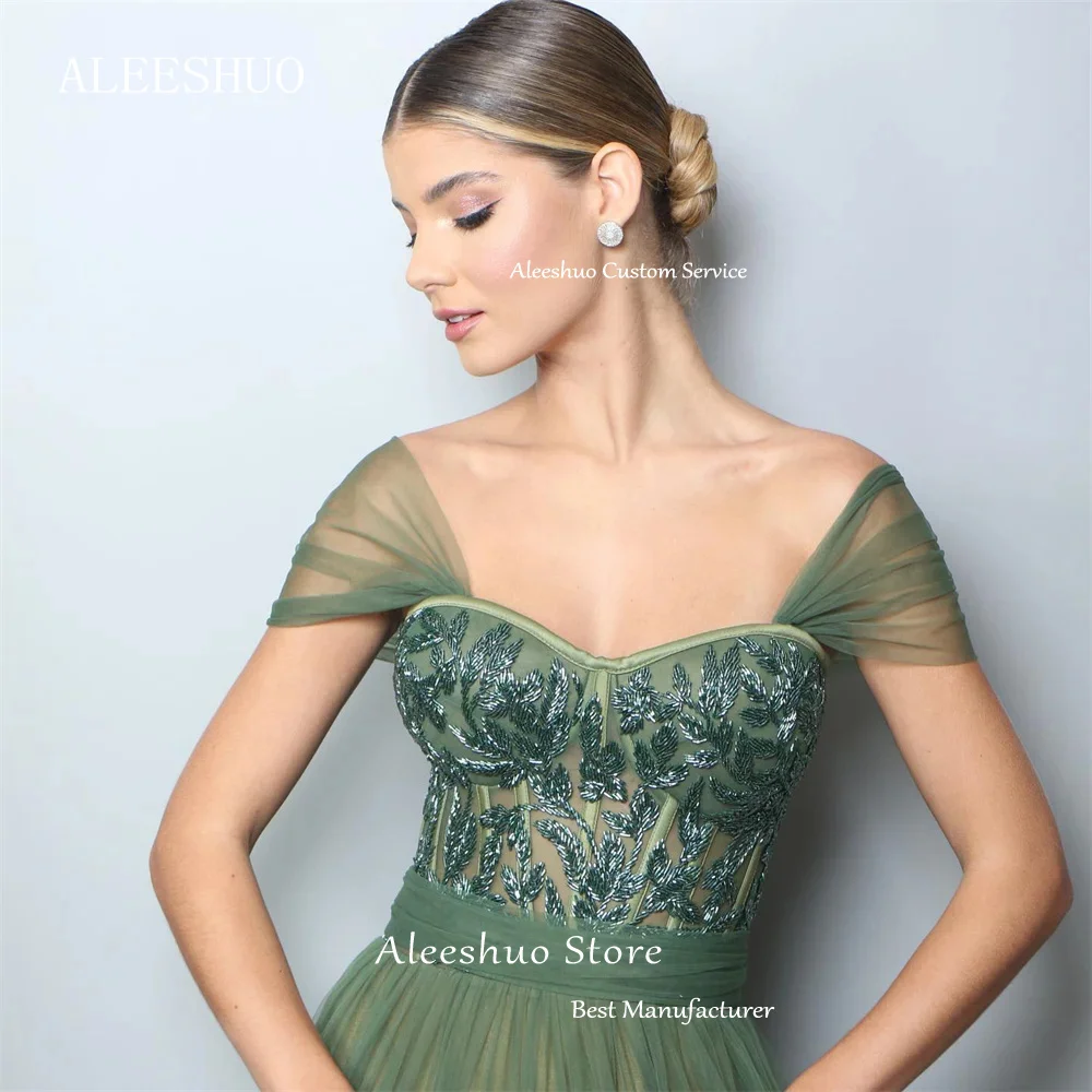 Aleeshuo Donkergroene Tule Galajurken Elegant Glanzend Off Shoulder Liefje Kanten Gelaagde Lange Formele Gelegenheid Avondfeestjurk