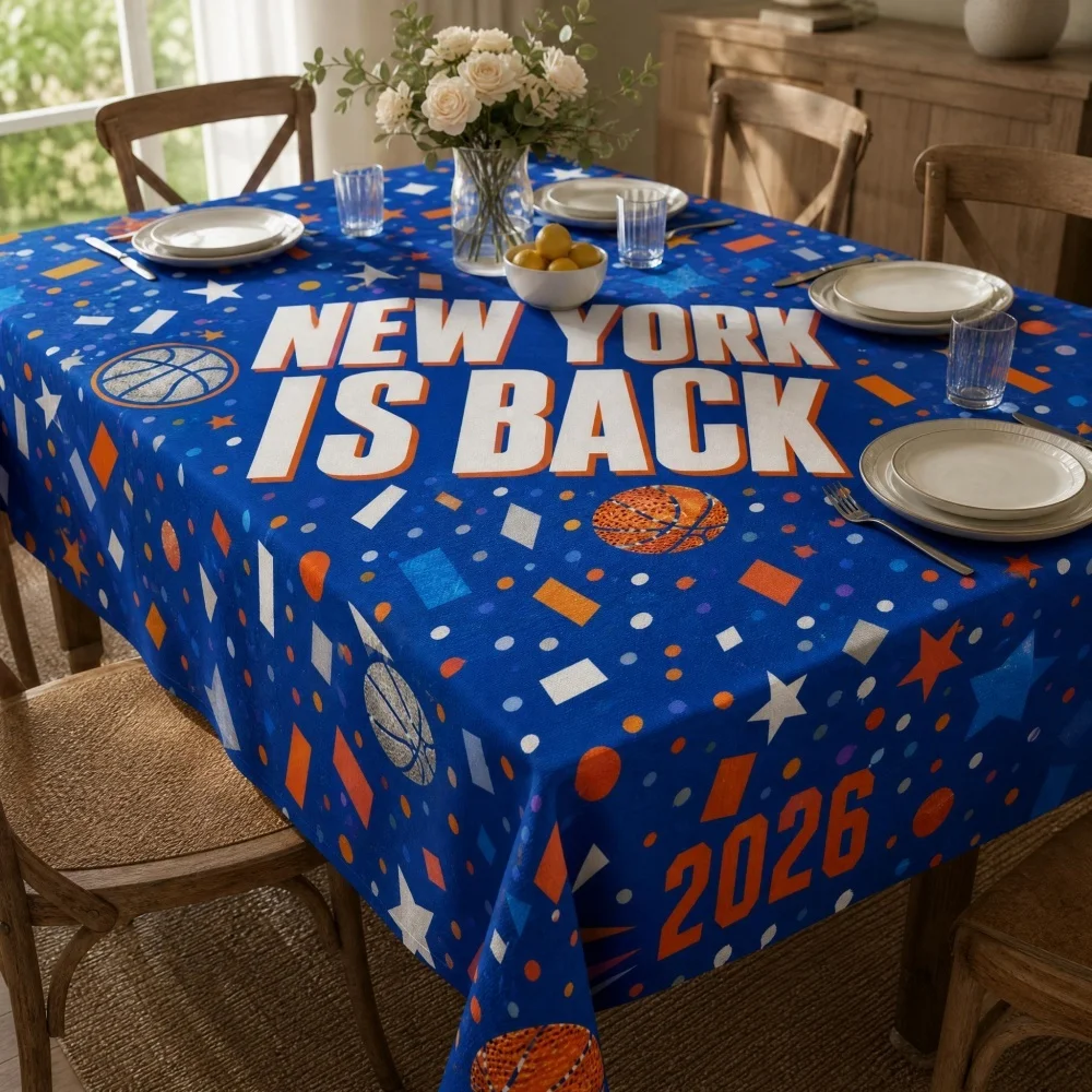 Basketball Themed Tablecloth, Blue Background Geometric Print Non-Waterproof Fabric Table Cover, Decorative for Sports Party