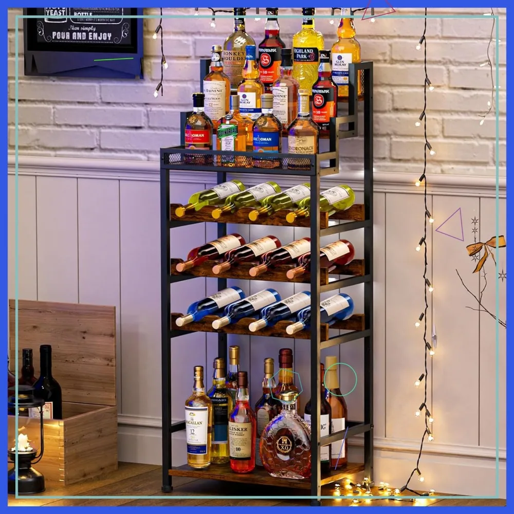 

Large Capacity Tiered Wine Rack and Liquor Cabinet, Freestanding Floor Storage for Red Wine, Champagne, Whiskey