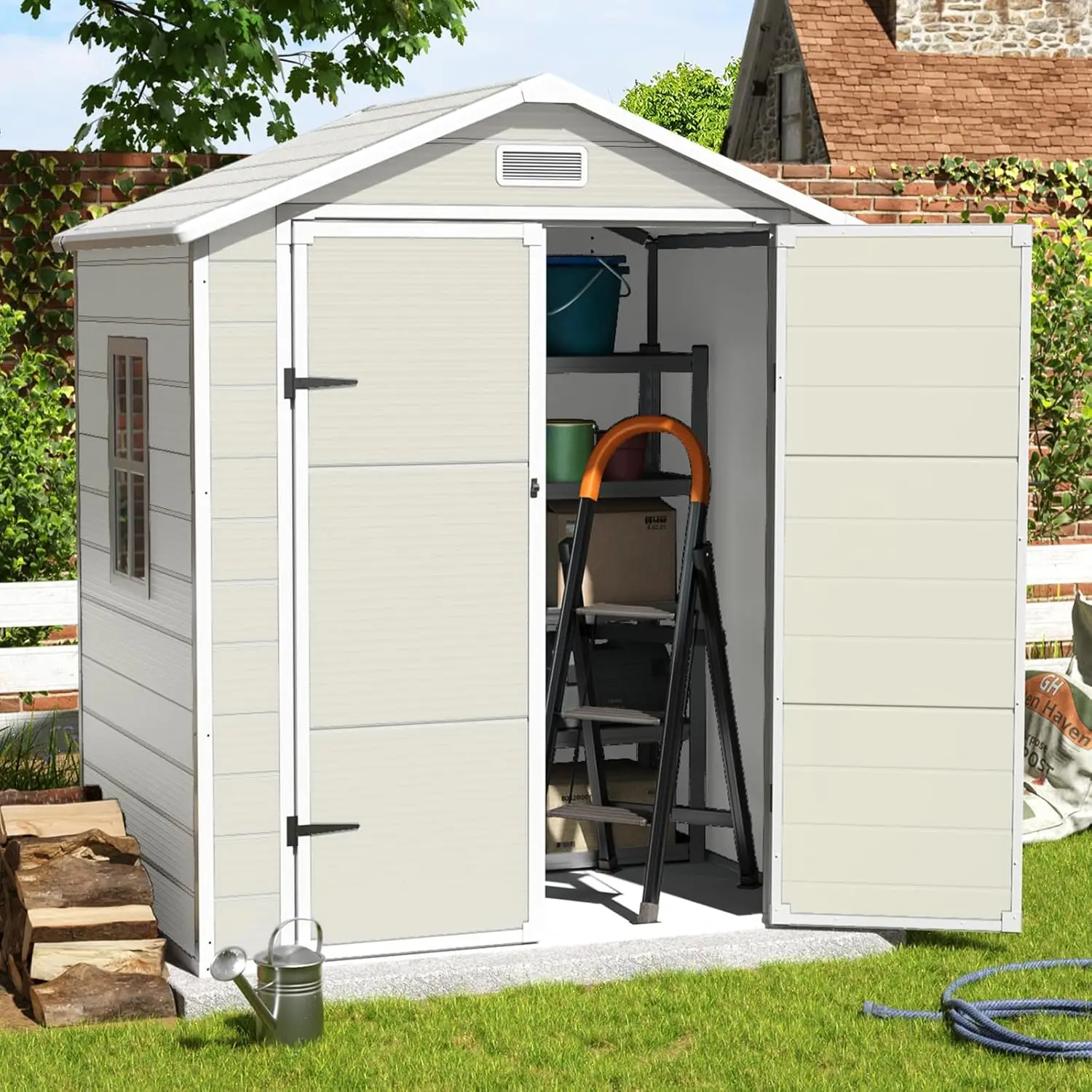 

Outdoor Storage Shed, 6x4.5FT Resin Shed with Floor and Lockable Door, Window&Vents,Waterproof Tool Sheds &for Bike,Garbage Cans