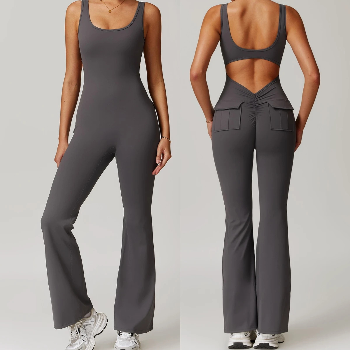 

Pocket Jumpsuits for Women Workout Clothing Fitness Suit One-piece Yoga Set Scrunch Butt Flare Leggings Tank Top Activewear