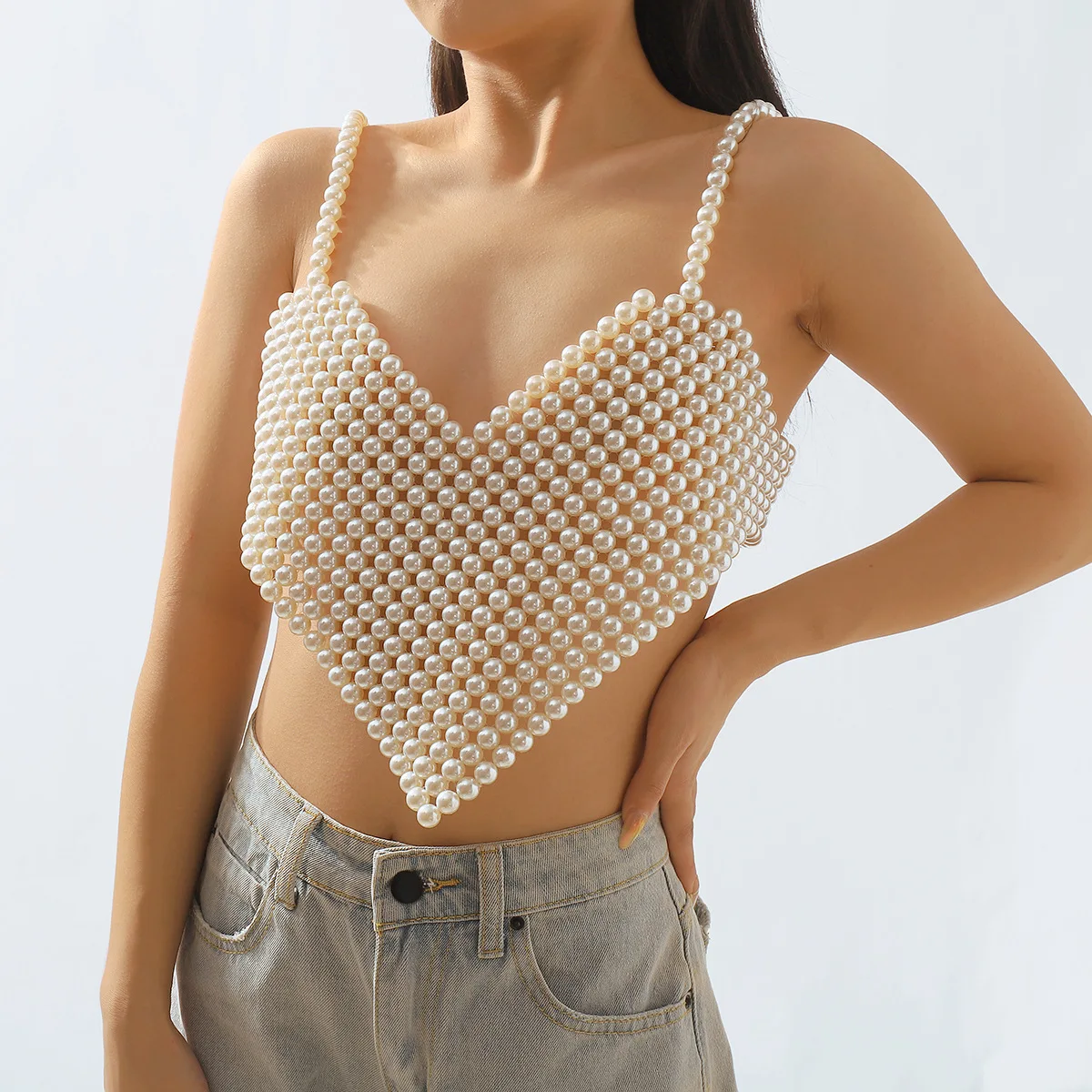 Sexy Babes Pearl Camisole Fashion Exaggerated Handmade Geometric Beaded Chestpiece Body Chain