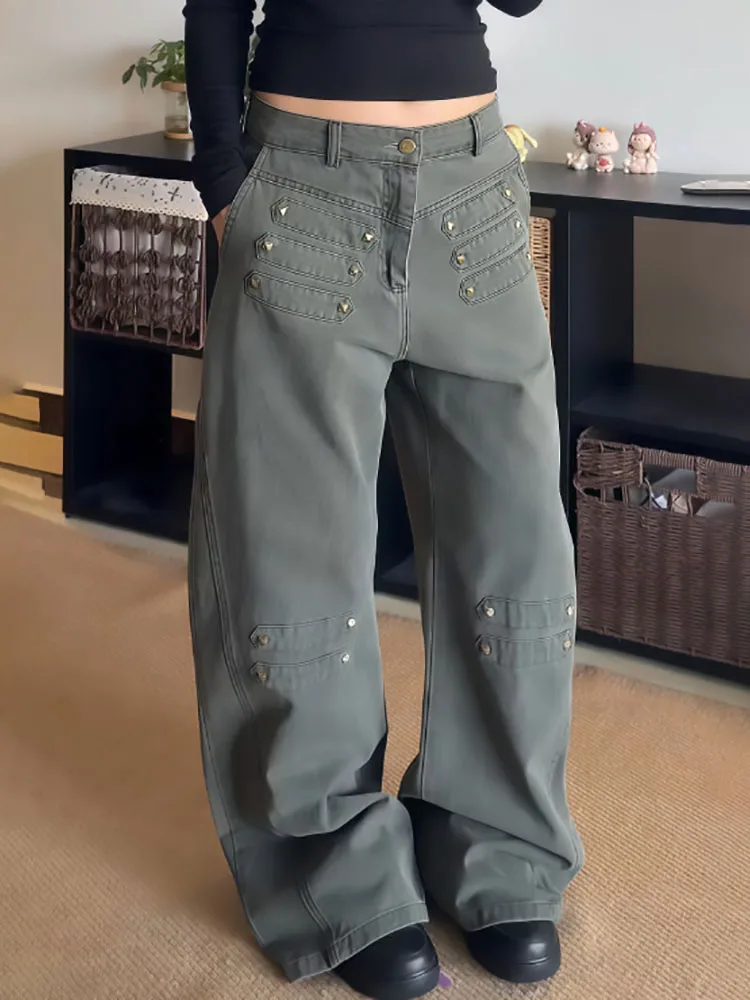 Women Cargo Jeans Vintage Rivet Double Breasted Wide Leg Denim Pants Grey Green High Waisted Loose Streetwear Trousers