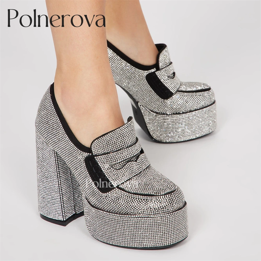 Platform Pumps Rhinestone Embellishment Round Toe Block Heel Loafers for Women Luxurious Bling Bling Silver Crystal High Heels