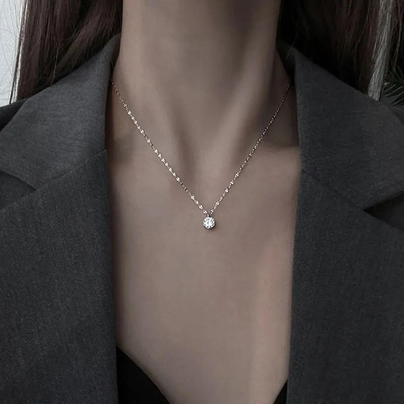 SOMILIA -18K vergoldete Halskette aus S925-Sterlingsilber für Damen, zierliche, minimalistische Solitär-Halskette mit rundem CZ-Stein, funkelnd, C – Detail 15