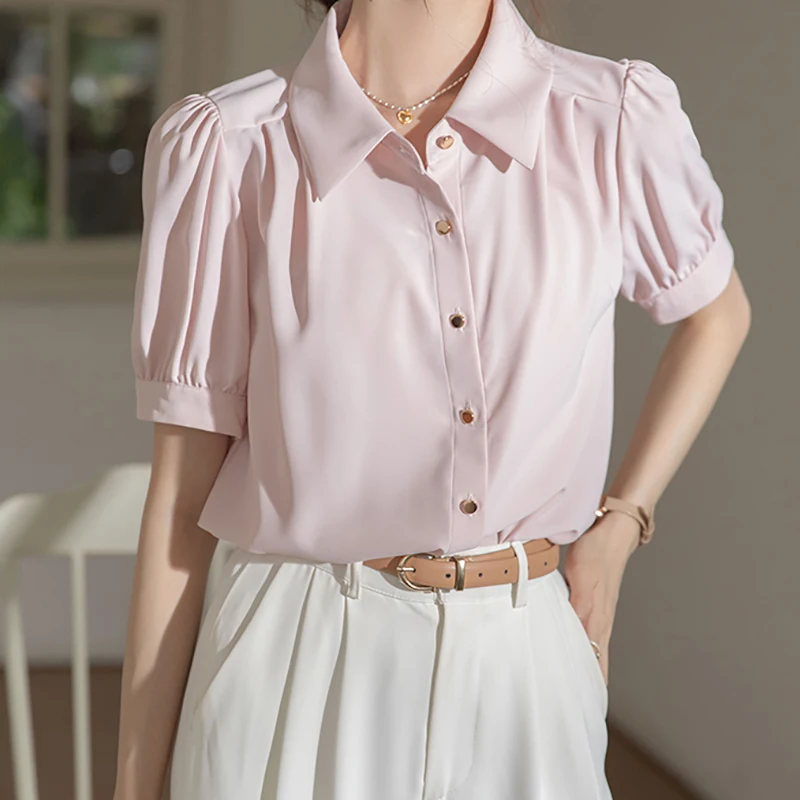 EVNISI Summer Women Chic Puff Sleeve Shirt Polo Collar White Elegant Loose Office Blouse Single Breasted Women Casual Tops 2024