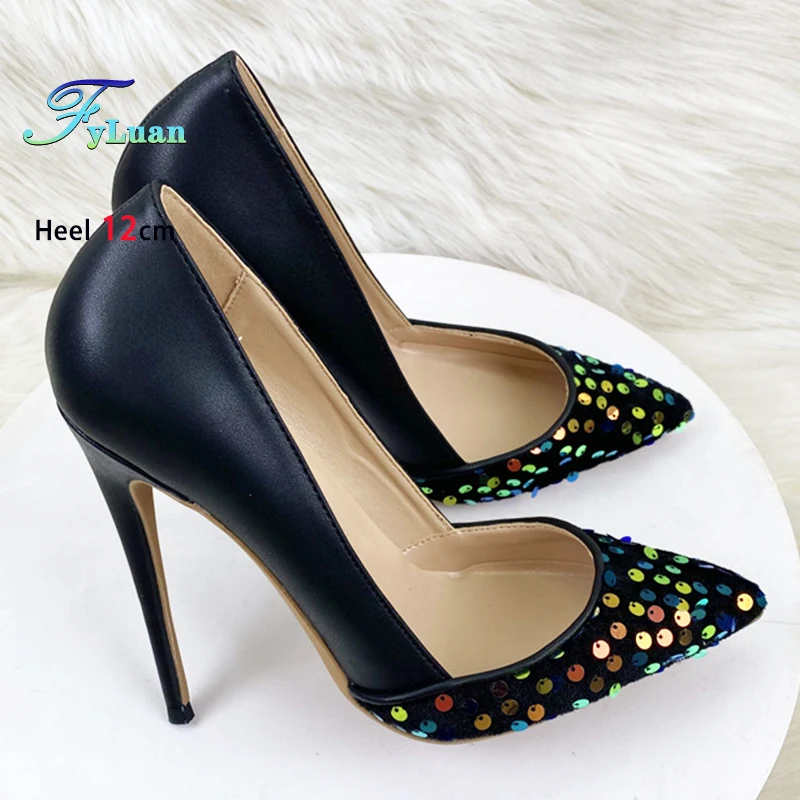 

2025 New Women's Pointed Toe Single Shoes With Sequin Club Party HIgh Heels 8CM 10CM 12CM Black Banquet Dress Shoes Size 34-46