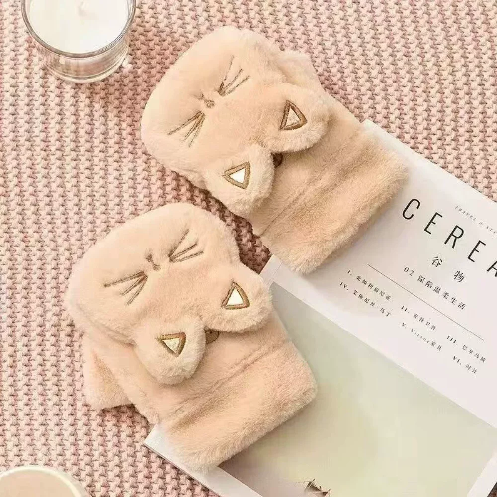 

Cute Thickened Cat Mittens Warm Windproof Touchscreen Gloves Fingerless Gloves Women