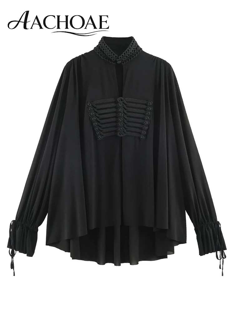 AACHOAE Women Vintage Frog Button Blouse Elegant Stand Collar Long Sleeve Loose Shirt Ruffle Cuff High Low Hem Romantic Tops