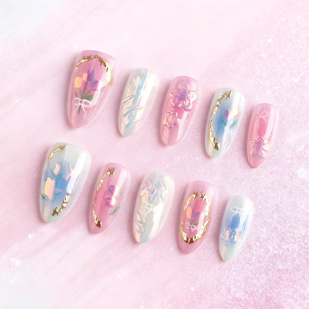 24Pcs Pink Gradient Butterfly Press on Fake Nails Silver Irregular Design Manicure Tips Mid-length Almond Detachable False Nails