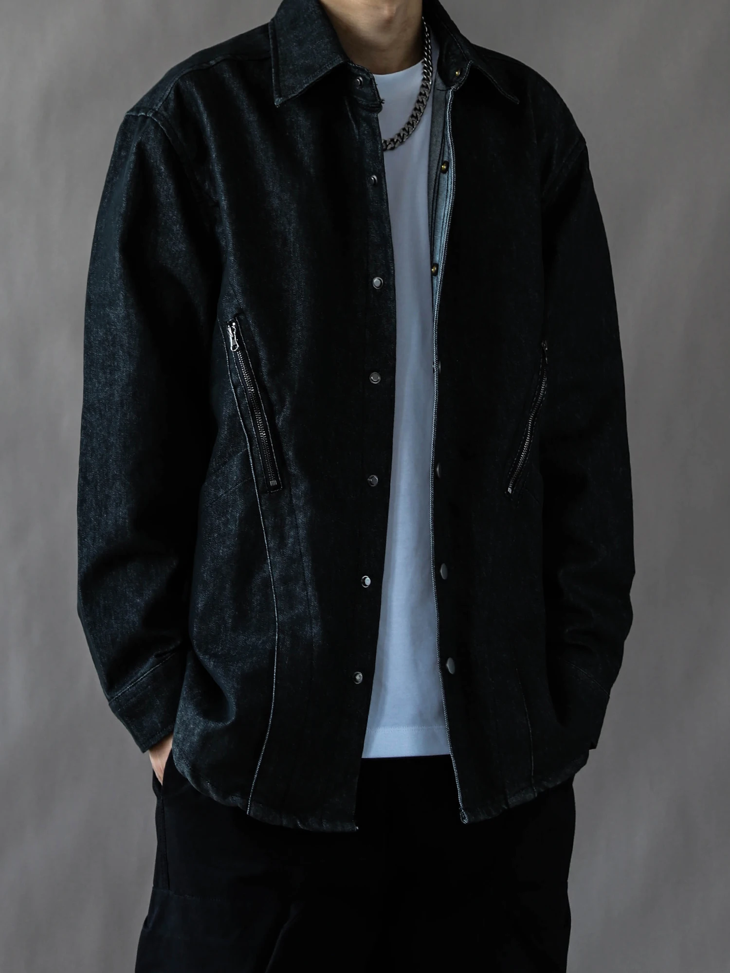 

Retro American Sle Men's Casual Jaet Spring Autumn Loose Fit Denim Collar Coat Bla Waed Cotton Blend Long Sve