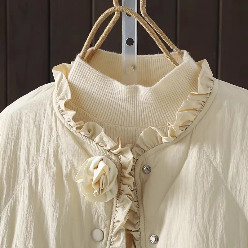 Jaqueta acolchoada feminina de inverno, casaco curto leve e quente, retrô solto com zíper, agasalhos bordados florais 3D, W1857