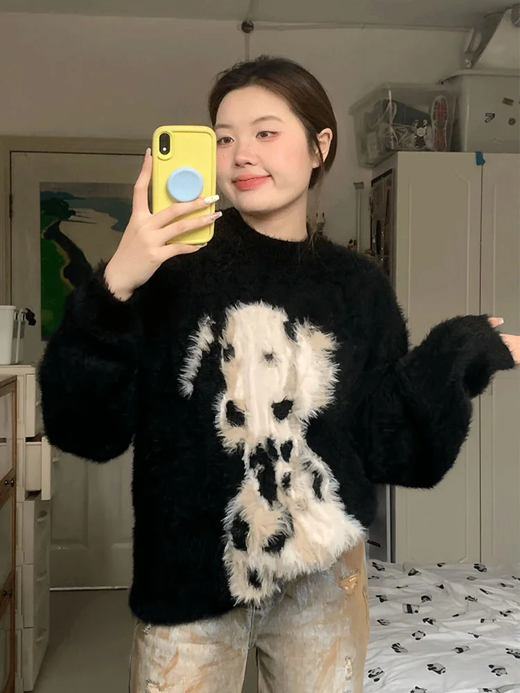 Women Autumn Winter Black Kawaii Cotton Dog Knitwear Jumper O-Neck Long Sleeve Knitted Pullover Cashmere Top Baggy Gothic Korean