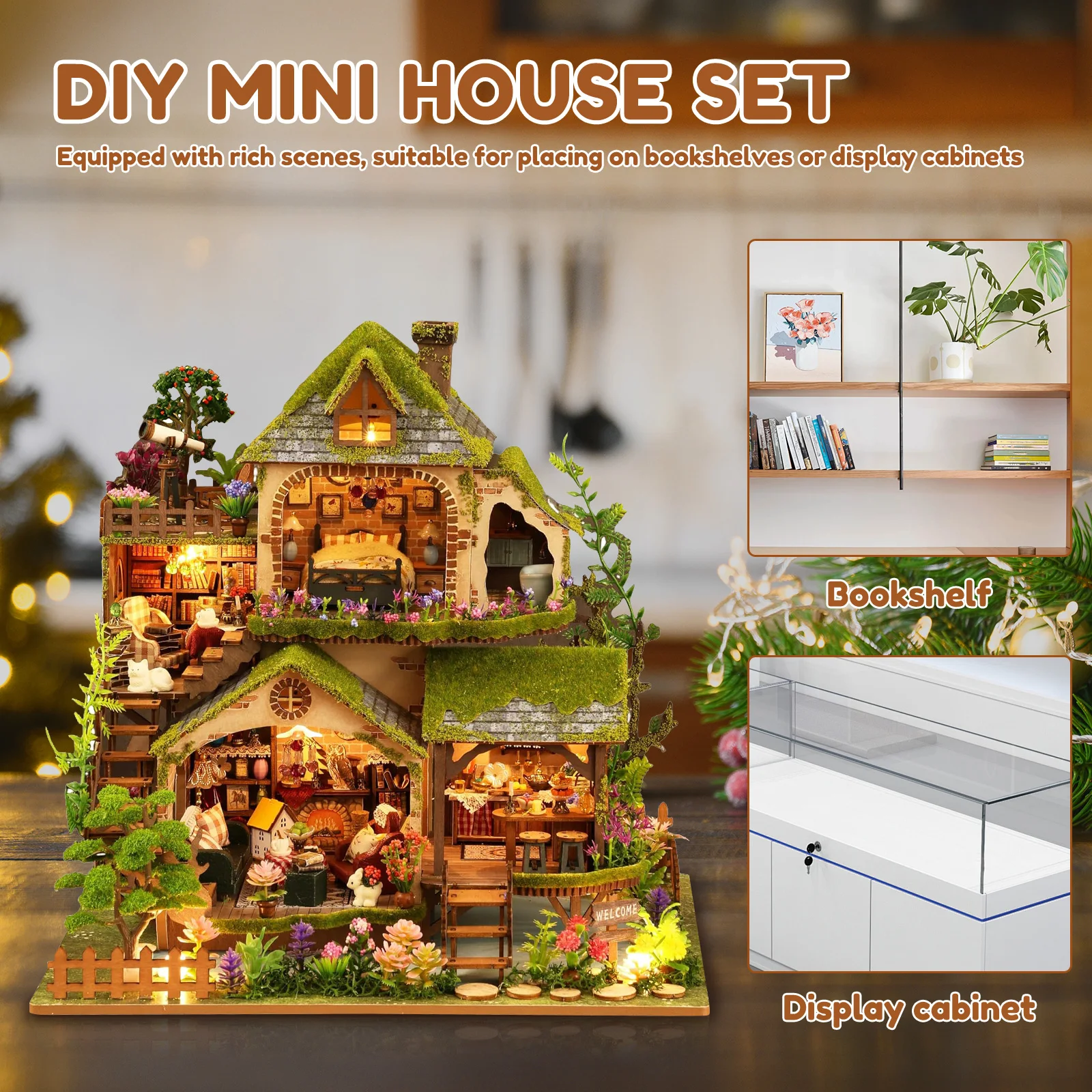 Miniature House Kit Wood DIY Miniature House Kit with LED Light DIY Dollhouse Miniatures Kits Mini House Building Set for Adults