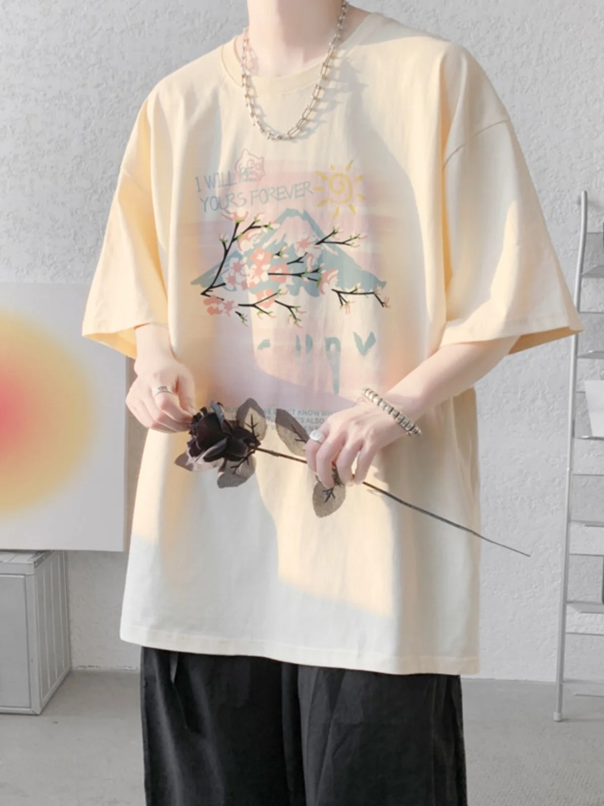 

Мужская футболка свободного кроя с коротким рукавом из чистого хлопка, дышащая, летняя, повседневная, с принтом, круглый вырез, для старшеклассников