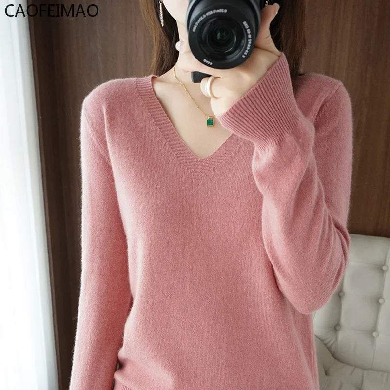 

New Cashmere Women's V-neck Pullover Lace Neck Hollow Out Design Casual Knitted Long Sleeve Women's Sweater Autumn And Winter