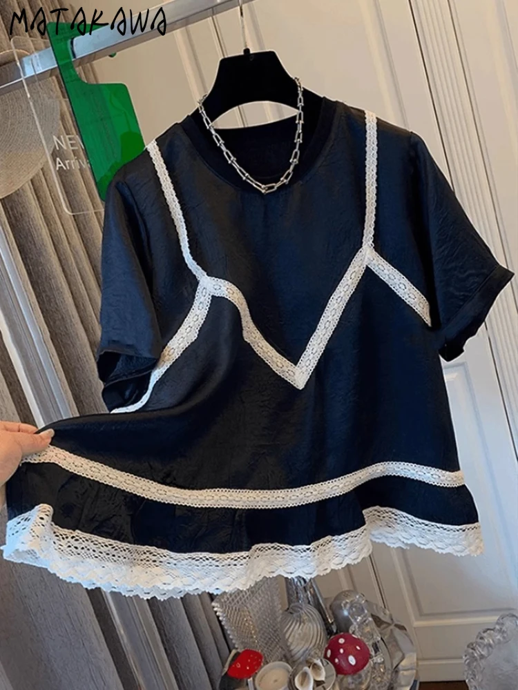 

Matakawa Lace Fake 2 Pieces T Shirt for Women Spring Summer Korean Fashion Loose Ropa De Mujer Sweet Vintage Casual Tees