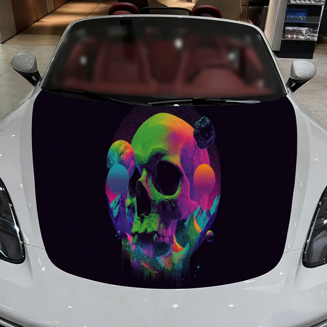 غطاء غطاء محرك السيارة على شكل جمجمة نيون كوزميك، ملصق غطاء محرك السيارة النابض بالحياة وكواكب جالاكسي والجبال، ملحق خارجي للسيارة الخيال العلمي، مقاوم للماء #3