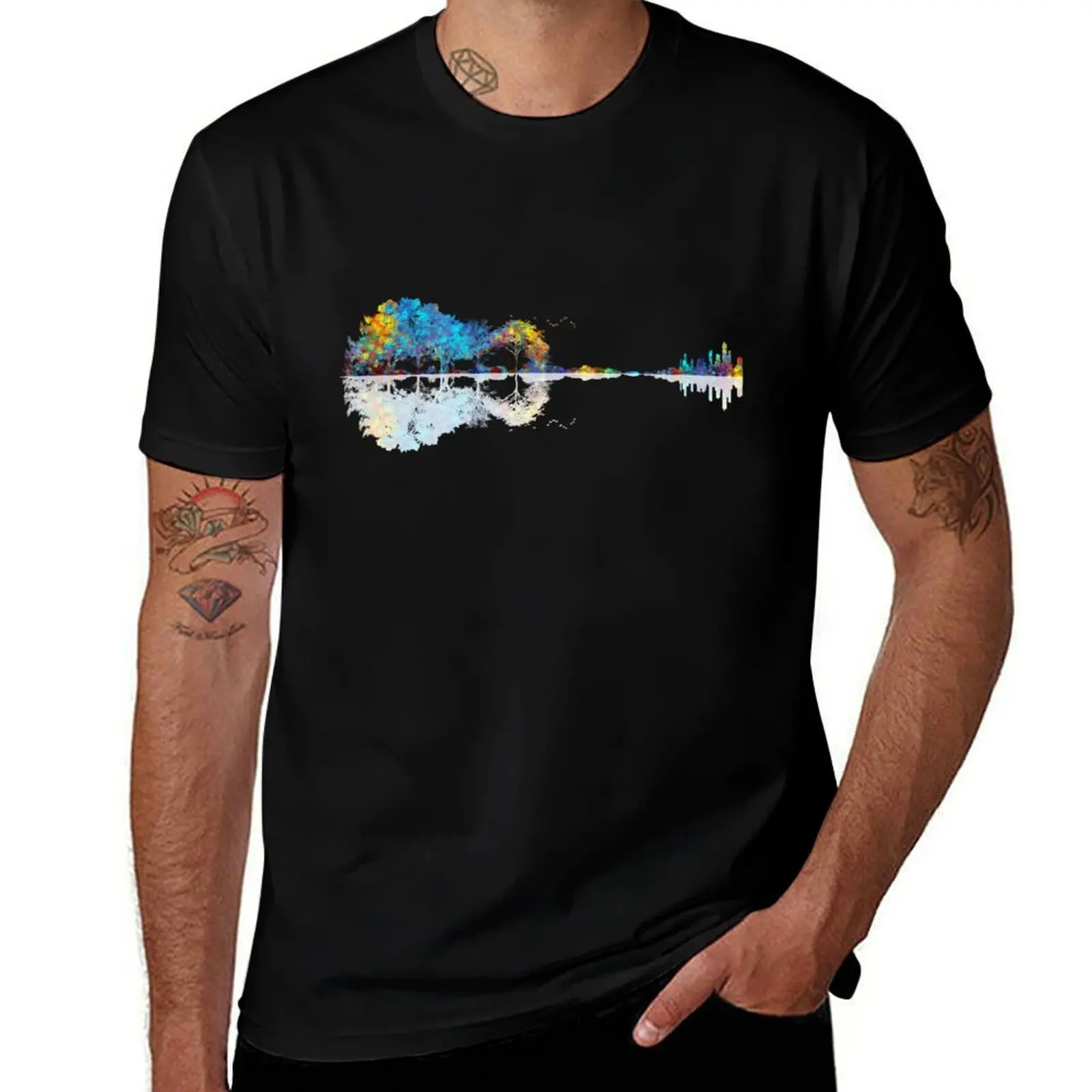Nature Guitar - Colorful Watercolor T-Shirt Anti-Wrinkle Short Sleeve T-Shirt