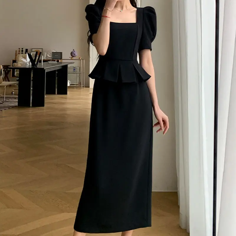 Summer New Women Large Size Corset Hepburn Style Fake Two Pieces Square Neck Short Sleeve Solid Color Light Ripening Long Dress