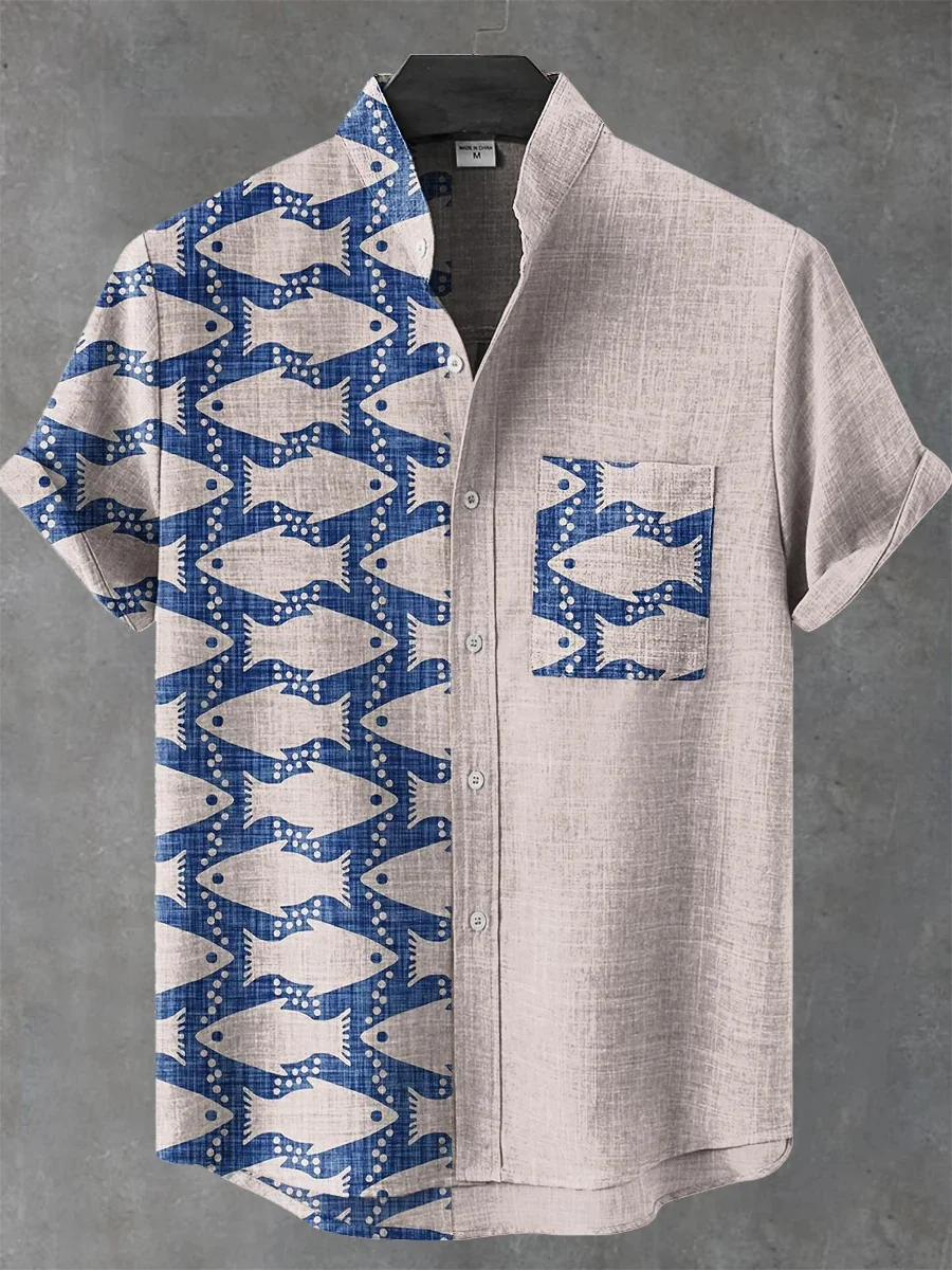 New ethnic-style shirt pattern casual design men's linen printed short-sleeved shirt button fashionable top - Image 2