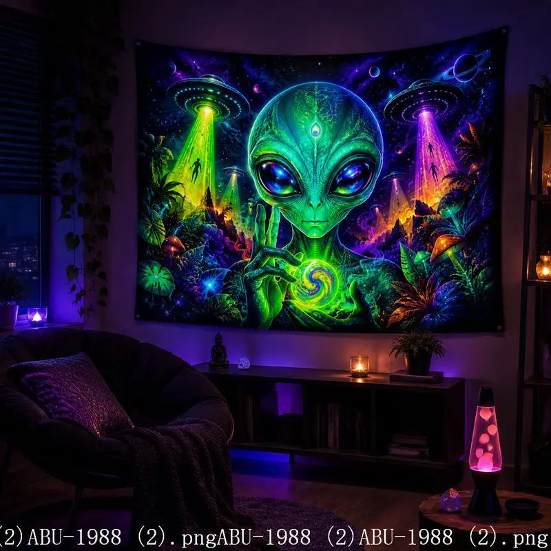 Psychedelic Alien Mushroom Galaxy Tapestry Wall Hanging Cloth Fantasy Universe Fluorescent Wind Bedroom e-Sports Room Home Decor
