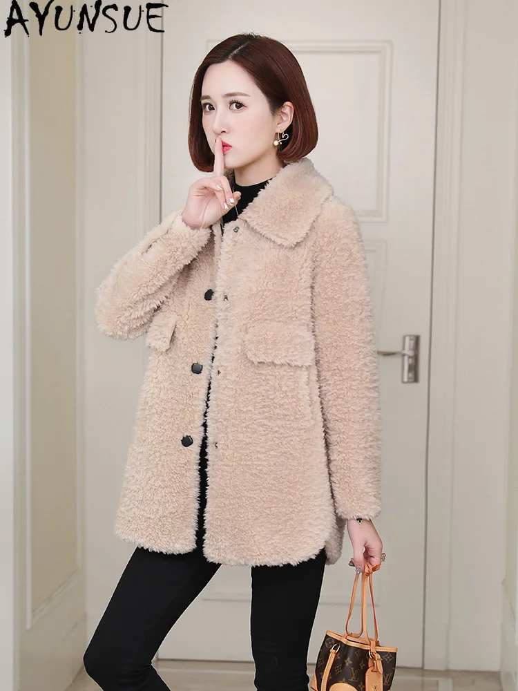 معطف صوف 100% من AYUNSUE للنساء 2025 جاكيت شيرلينغ من الأغنام الحقيقي ملابس شتوية للسيدات بقصة ضيقة من الفرو المركب قوة Жengarško