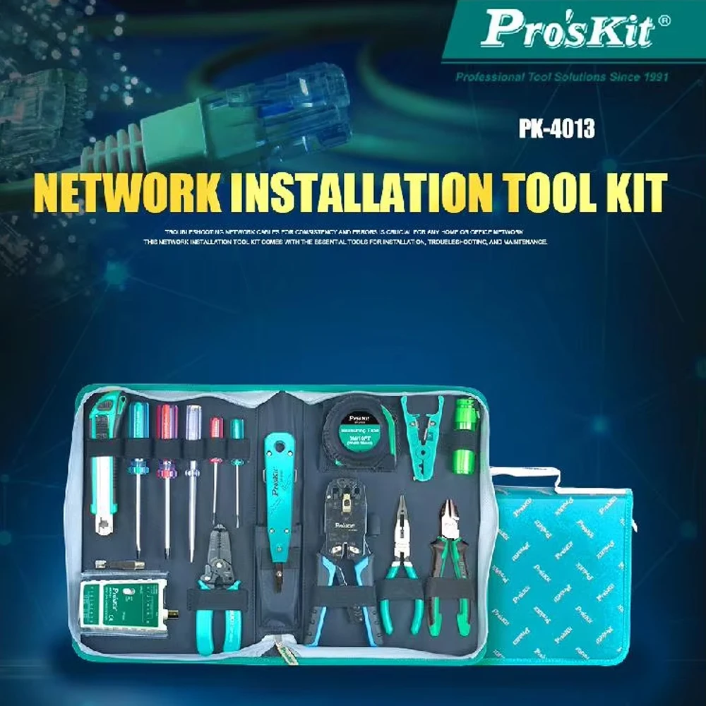 Pro'sKit PK‑4013‑C 15Pcs Network Installation Maintenance Tool Kit for LAN Cable Crimping Stripping Testing Hand Tools Set