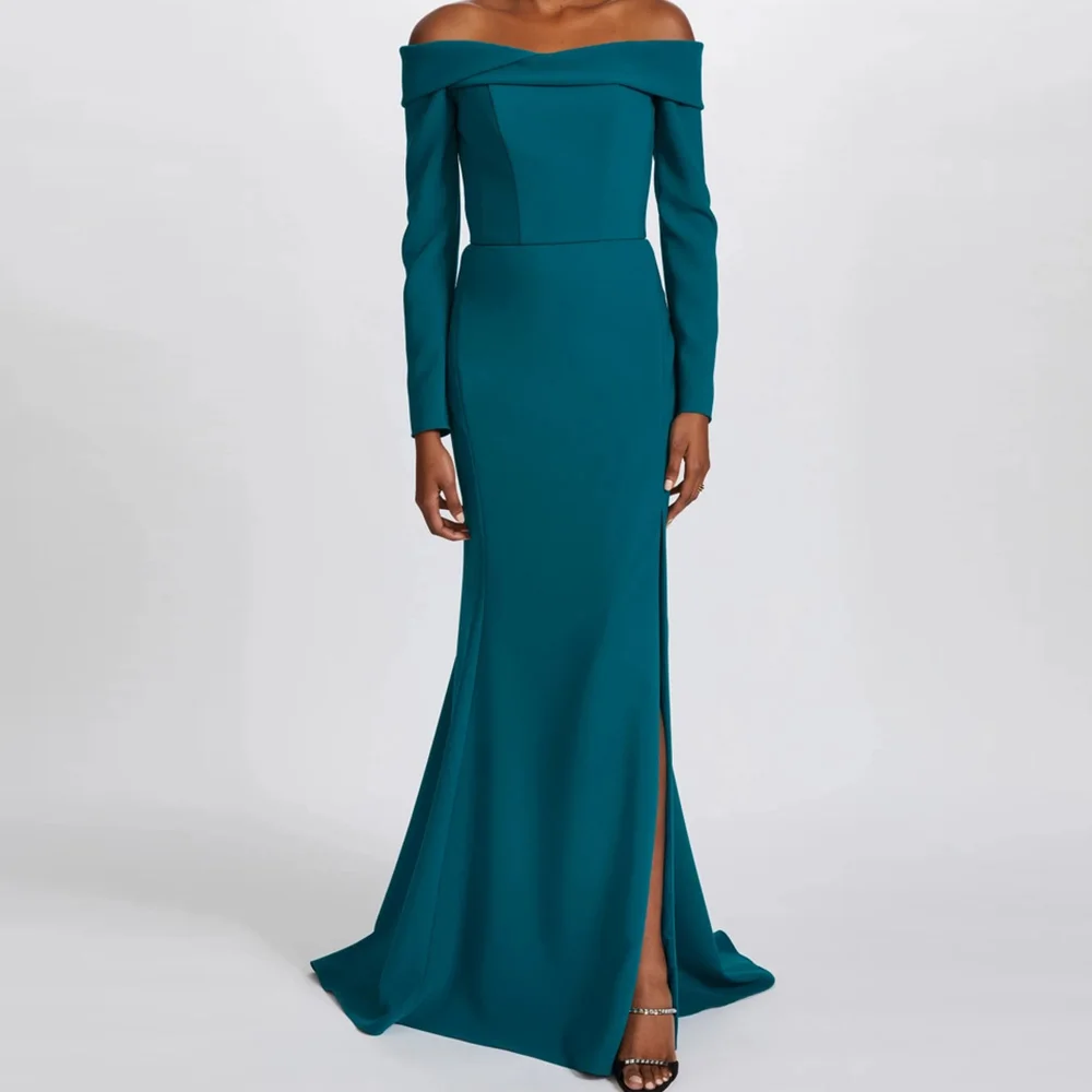 

Classic Off the Shoulder Strapless Jersey Long Sleeves Straight Backless Floor Length Zipper Back Elegant Luxury Evening Dress