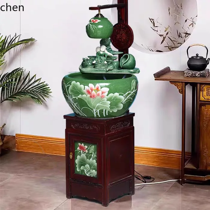

DSA Chinese Style Hand-painted Ceramic Fish Tank with Cabinet Circulating Water Landscaping Decoration Floor-standing Ornament