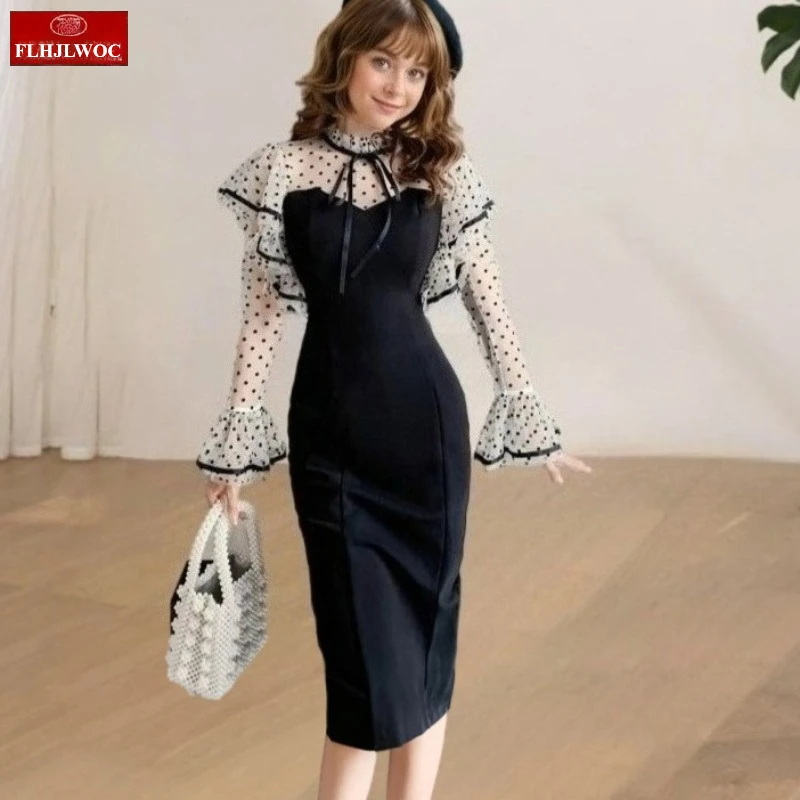 Französisch Design Bleistift Knielangen Bleistift Kleider Neue Mode Elegante Frau Romantische Rüschen Patchwork Flare Hülse Hemd Kleid