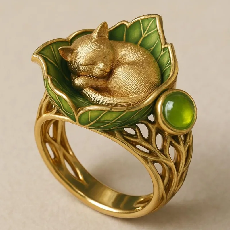Vintage-Ring mit eingelegtem grünem Stein und Blattmotiv für Damen, trendige Goldfarbe, handgeschnitzt, für den täglichen Gebrauch, Party-Schmuck, Jahrestagsgeschenk