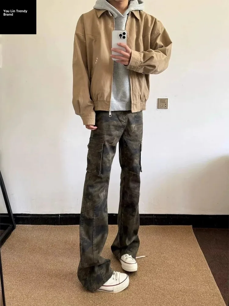 

American Sle Camouflage Workwear Jeans Men's Fce Lined High Waist Straight Leg Micro Flared Pants Autumn Winter Street Vibe