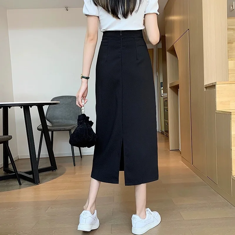 High Waist A-Line Midi Skirt Women's  Color Split Design Korean Style Versatile Slimming And Lengthening Skirt