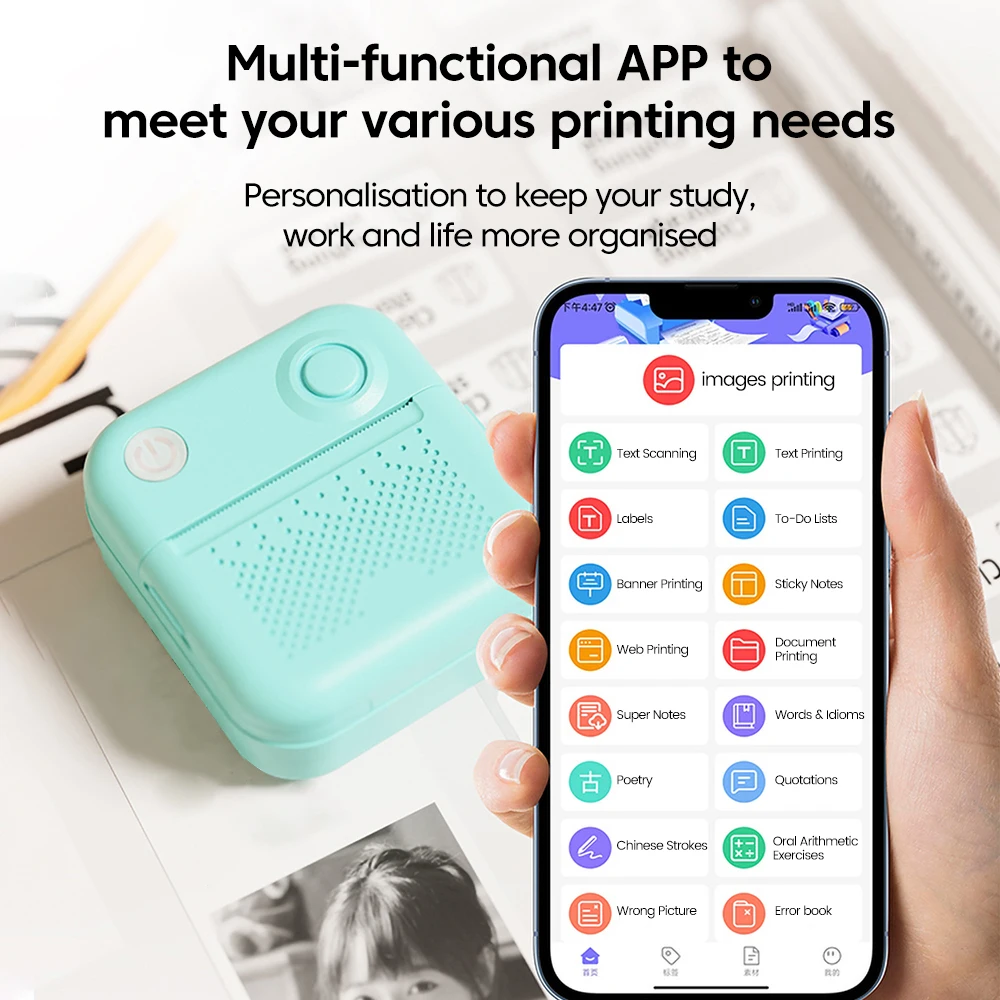 Portable Mini Printer Thermal Printer Self-adhesive Label Paper Color HD Wireless Bluetooth Inkless Printing For Cellphone Photo