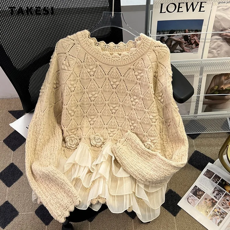 Women\'s Vintage Elegant Knitting Long Sleeve Lace Pullovers 2023 Autumn Winter Round Neck Patchwork Ladies Loose Sweater Top